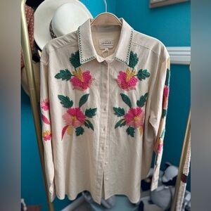 Sezane Cream Button-Down Shirt with Pink & Green Floral Embroidery